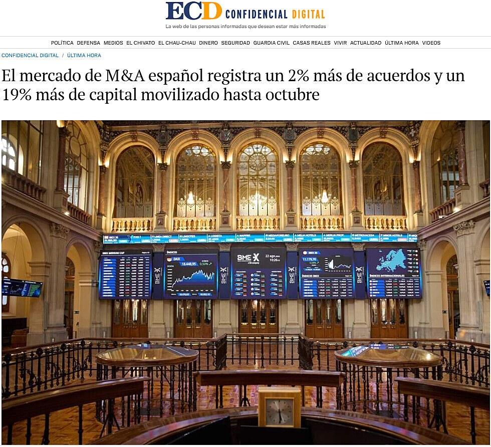 El mercado de M&A espaol registra un 2% ms de acuerdos y un 19% ms de capital movilizado hasta octubre